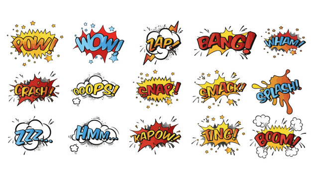 Comic book sound effect explosion speech bubble set with explosion