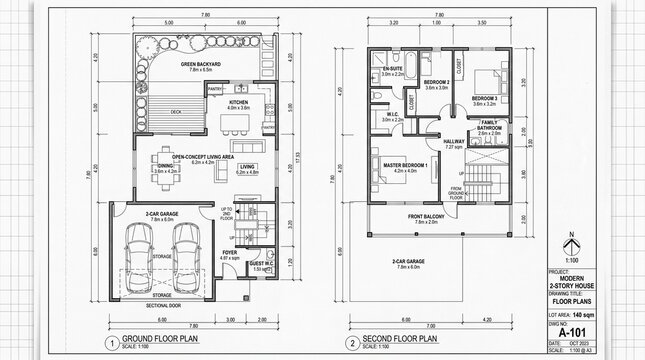 Detailed architectural blueprint of a modern 2-story residence. This technical floor plan highlights an open-concept layout, spacious bedrooms, a double garage, and a lush backyard for ideal living.