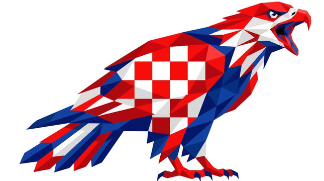 Geometric croatian eagle in red, white, and blue polygon style. Sharp artistic vector bird suitable for logos, symbols, and illustrations.