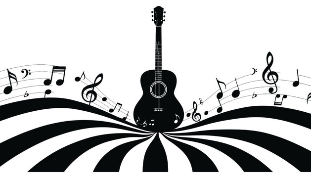 Acoustic guitar with musical notes and staff lines design, acoustic