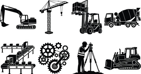 Heavy industrial construction machinery and engineering vector icon set featuring excavator forklift crane gears surveyor and bulldozer black silhouettes on white background © SHAPLAKHATUN