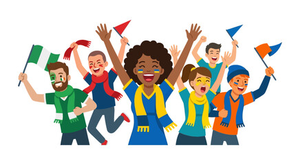 Excited sports fans in colorful clothes waving nigerian flags, cheering in a happy crowd. Suitable for sporting events promotions. © se