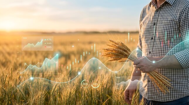 Smart farming finance concept with financial graph overlay and wheat crop