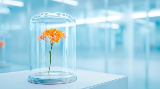 Studio shot of a single vibrant wildflower kept inside a sterile glass vacuum chamber, laboratory setting, cold blue lighting, concept of preserving extinct