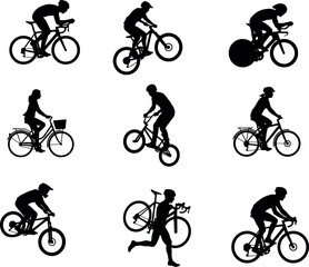 Obraz premium Silhouette of people riding bicycles in various poses and styles