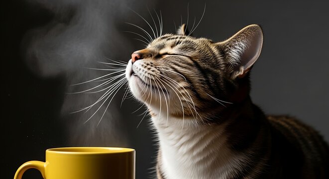 Tabby cat with closed eyes smelling steam rising from a yellow mug feline animal