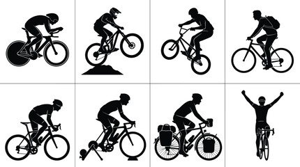 Obraz premium Set of professional cyclist silhouettes including mountain biking, road racing, indoor training, BMX stunts, and bicycle touring icons