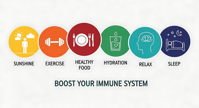 Infographic showing tips to boost immune system with healthy habits and balanced wellness routine wellness lifestyle exercise nutrition relaxation hydration sunshine infographic healthcare