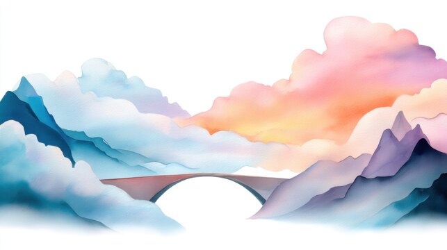 Whimsical watercolor illustration of a stone arch bridge connecting two fluffy white clouds, misty mountain tops visible far below, ethereal light