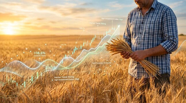 Agricultural investment index and market trend overlay on farmer holding wheat