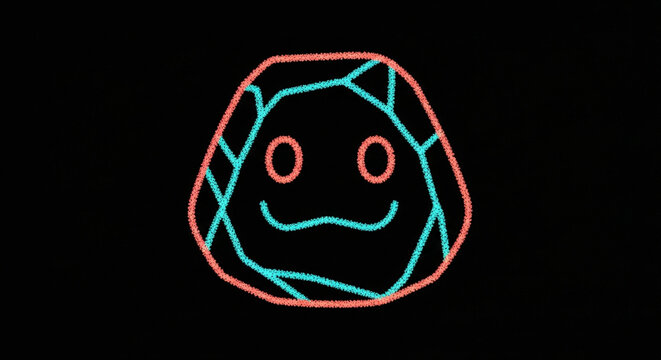 Colorful wireframe geometric smiling face design.