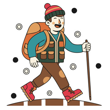 Mountain hiker with backpack flat vector illustration