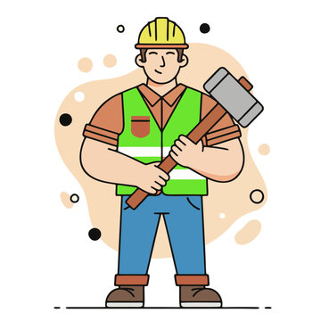 Construction worker holding hammer flat vector illustration