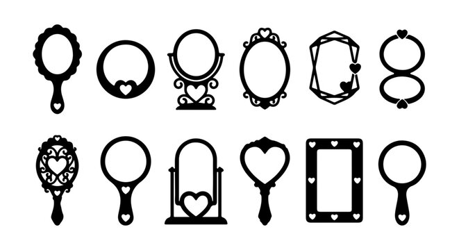 Decorative Handheld Mirrors and Vanity Mirrors, Ornate Frames, Heart Accents, Vector Set