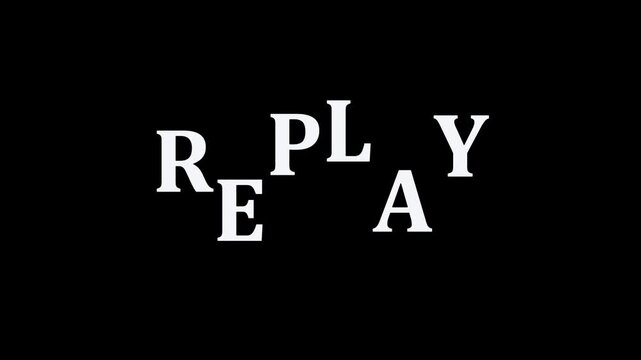 White staggered Replay word typography graphic on black background