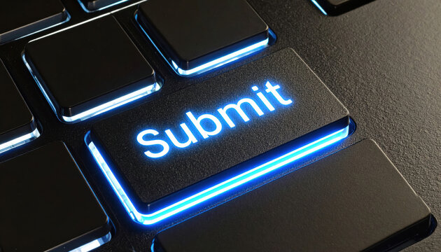 Immediate data submission concept with illuminated submit key on black computer keyboard glowing blue light