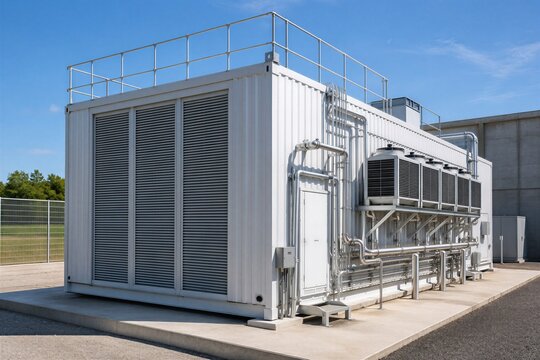Modular data center container with cooling system unit. Industrial server module for edge computing and cloud infrastructure. Compact hardware facility for distributed network storage.