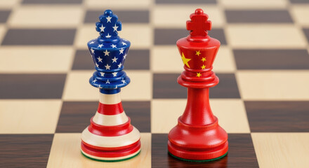 Naklejka premium US chess piece and China chess piece on chessboard symbolize trade tensions and strategic competition in global market
