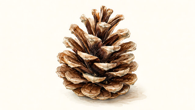 Watercolor of a single brown pine cone on white background