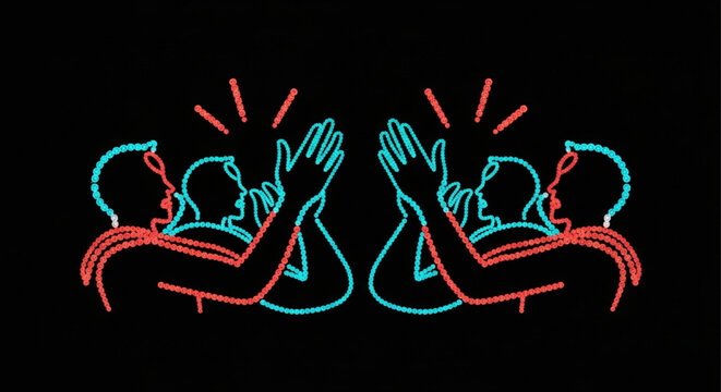 Two figures clapping hands in celebration illustration.