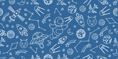Space themed pattern background. Seamless pattern of space themed doodle pattern background. Hand drawn spaces doodle pattern background. Seamless space planet kid doodle universe design. © Predi