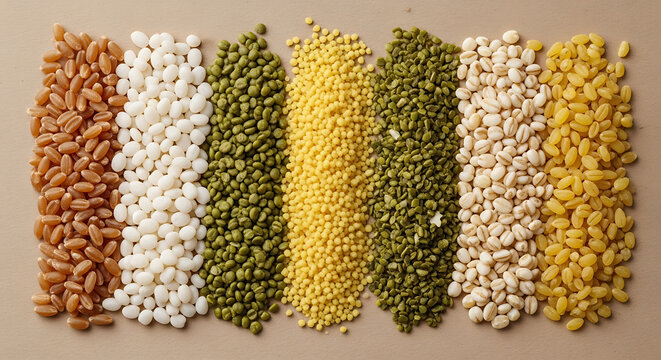 Assorted grains and legumes arranged in vertical parallel rows