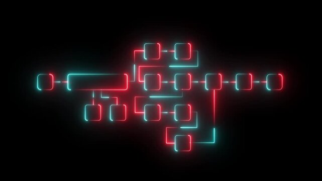 Futuristic neon flowchart diagram with glowing connected blocks and dynamic digital pathways representing system workflow, data processing, and modern black background.Motion animation 4k video