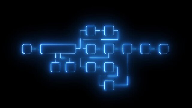 Futuristic neon flowchart diagram with glowing connected blocks and dynamic digital pathways representing system workflow, data processing, and modern black background.Motion animation 4k video