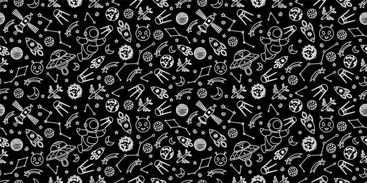 Space themed pattern background. Seamless pattern of space themed doodle pattern background. Hand drawn spaces doodle pattern background. Seamless space planet kid doodle universe design.