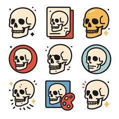 Obraz premium Skull cartoon icons ideal for spooky halloween designs, educational materials, or graphic projects requiring quirky and playful elements.