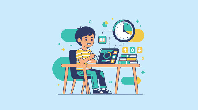Smiling child engaged in online learning and time management, sitting at a desk with laptop and books, illustrating effective study habits.