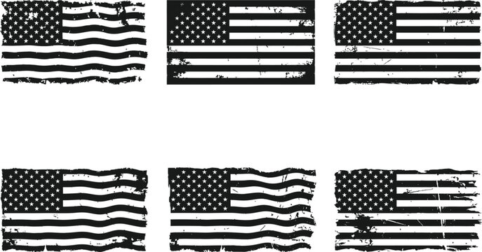 Set of distressed USA American flag black vector silhouette shapes waving grunge flat illustration isolated on white background