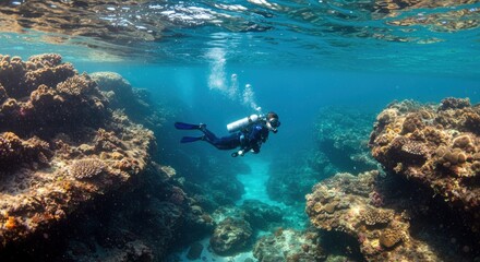 Fototapeta premium Scuba diver exploring coral reef.