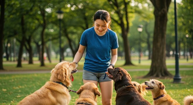 Woman interacting with multiple dogs.