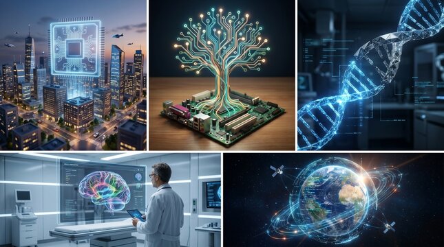 Futuristic ai chip floating above illuminated cityscape at dusk