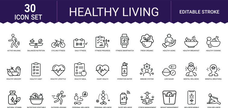 Healthy living icon set showcasing fitness wellness nutrition and mindful daily routines.