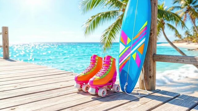 Orange roller skates with pink accents beside blue surfboard on wooden pier. Summer vacation leisure and adventure concept for relaxation and fun activities