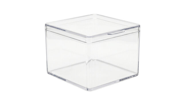 Clear acrylic storage box with lid, transparent plastic square container for organization, minimalist display case for small items isolated PNG with Transparent Background