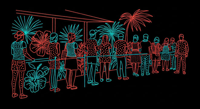 Colorful neon wireframe group of people celebrating outdoors.