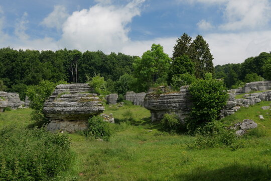 Natural limestone rock formations in Valle delle Sfingi, Lessinia, Veneto, Italy