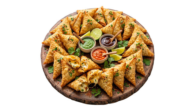 Crispy golden samosas on wooden platter, traditional Indian fried pastry appetizers, savory snack platter with chutney and lime isolated PNG with Transparent Background