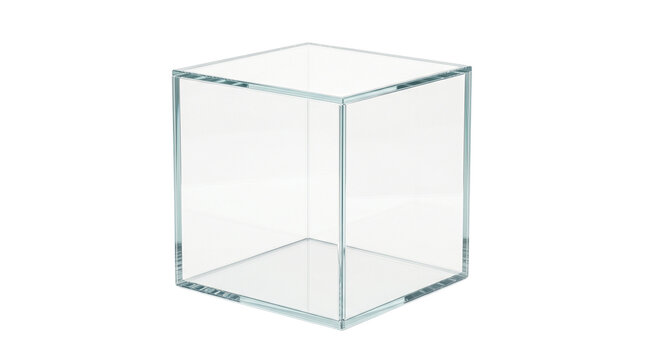 Transparent acrylic display cube, clear glass showcase box for retail products, minimalist plexiglass pedestal for museum exhibits and gallery art isolated PNG with Transparent Background