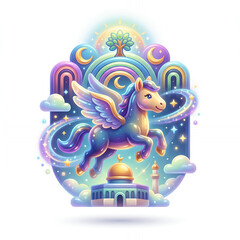 Fototapeta premium Vibrant Pegasus Flying Over Mosque Under Starry Sky
