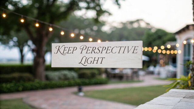 Inspirational sign in garden with string lights urging to keep perspective and stay positive in tranquil outdoor setting
