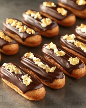 Gourmet chocolate eclairs drizzled with white cream and topping
