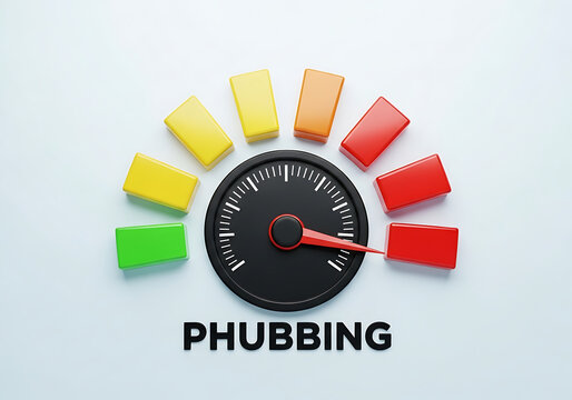Conceptual gauge meter indicating high levels of phubbing with colorful indicator bars phubbing smartphone addiction technology behavior communication indicator distraction psychology
