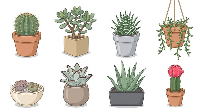 Clean minimalist vector-style illustration of eight succulent and cactus indoor plants arranged in two neat rows of four on white background