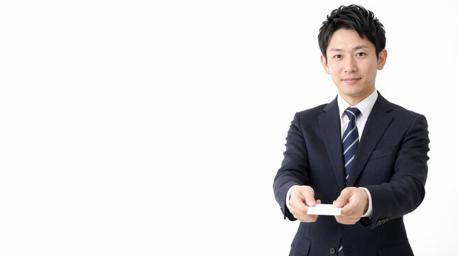 名刺を渡す男性ビジネスマン Japanese businessman holding his namecard