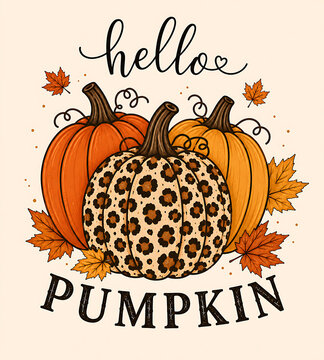 Three pumpkins with leopard print during autumn with falling leaves and celebratory concept
