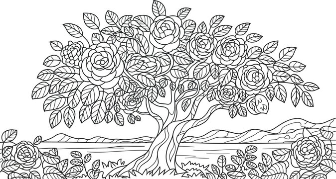 Rose Tree with Mountains Landscape Coloring Page